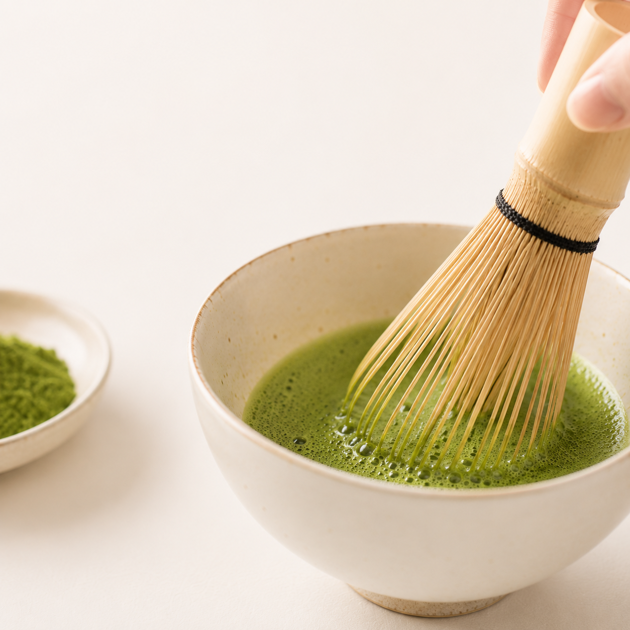店内で丁寧に点てる抹茶。竹製の茶筅で泡立てる、nanachaの抹茶ドリンク用抹茶ベース